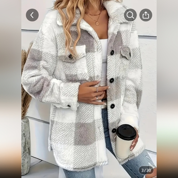 Buffalo Plaid Button Up Teddy Shacket Gray & White Checkered NWT - Picture 3 of 6